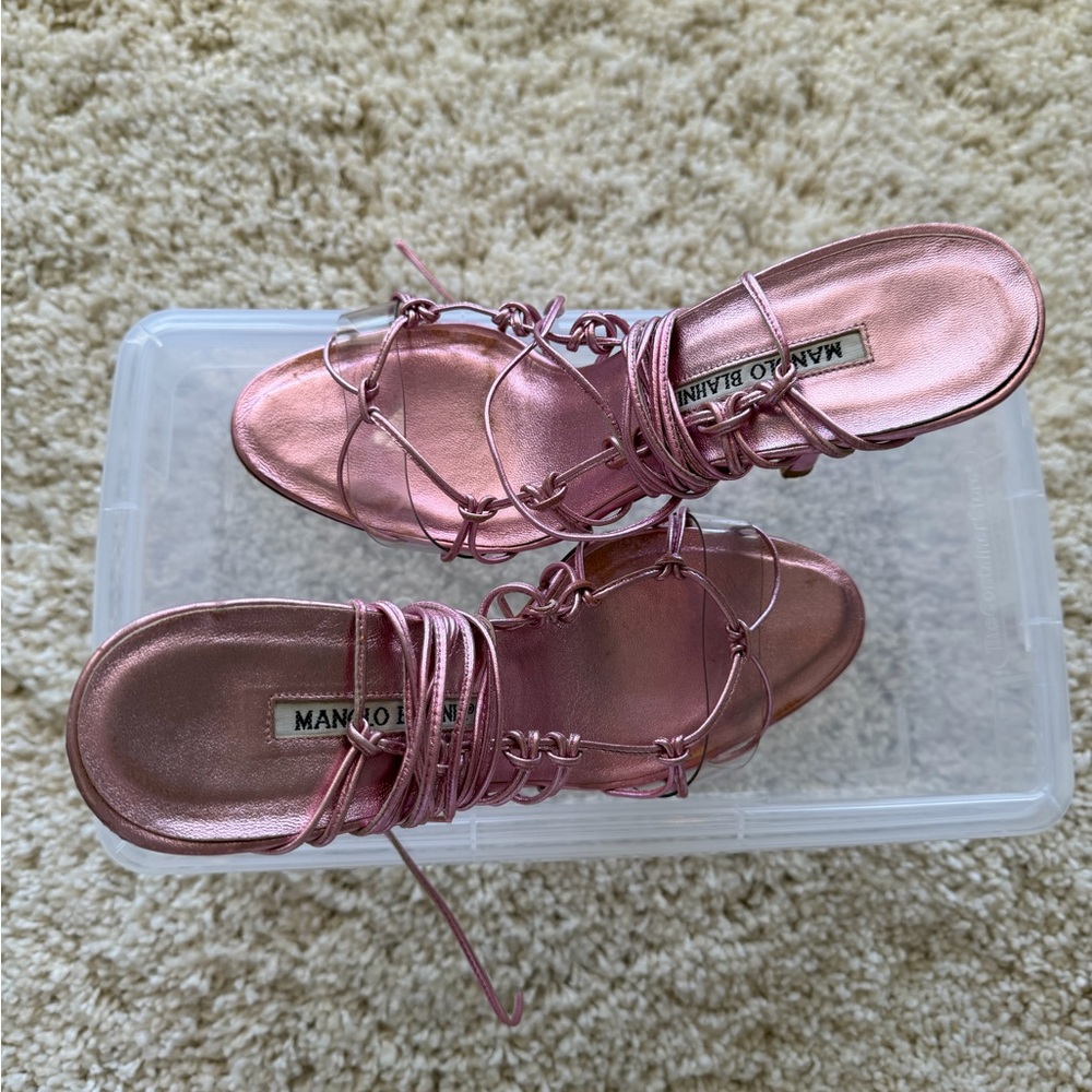 Manolo Blahnik Metallic Pink Lace-Up Sandals